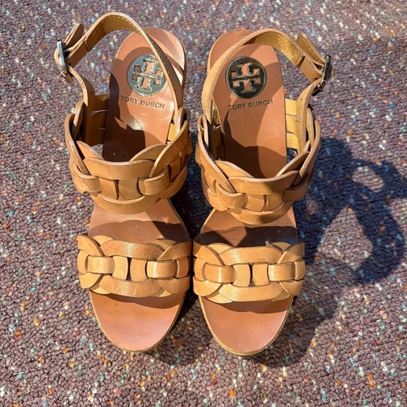 Tory Burch Shoes - Tory Burch Cork Calyca Wedge Leather Sandal Heels